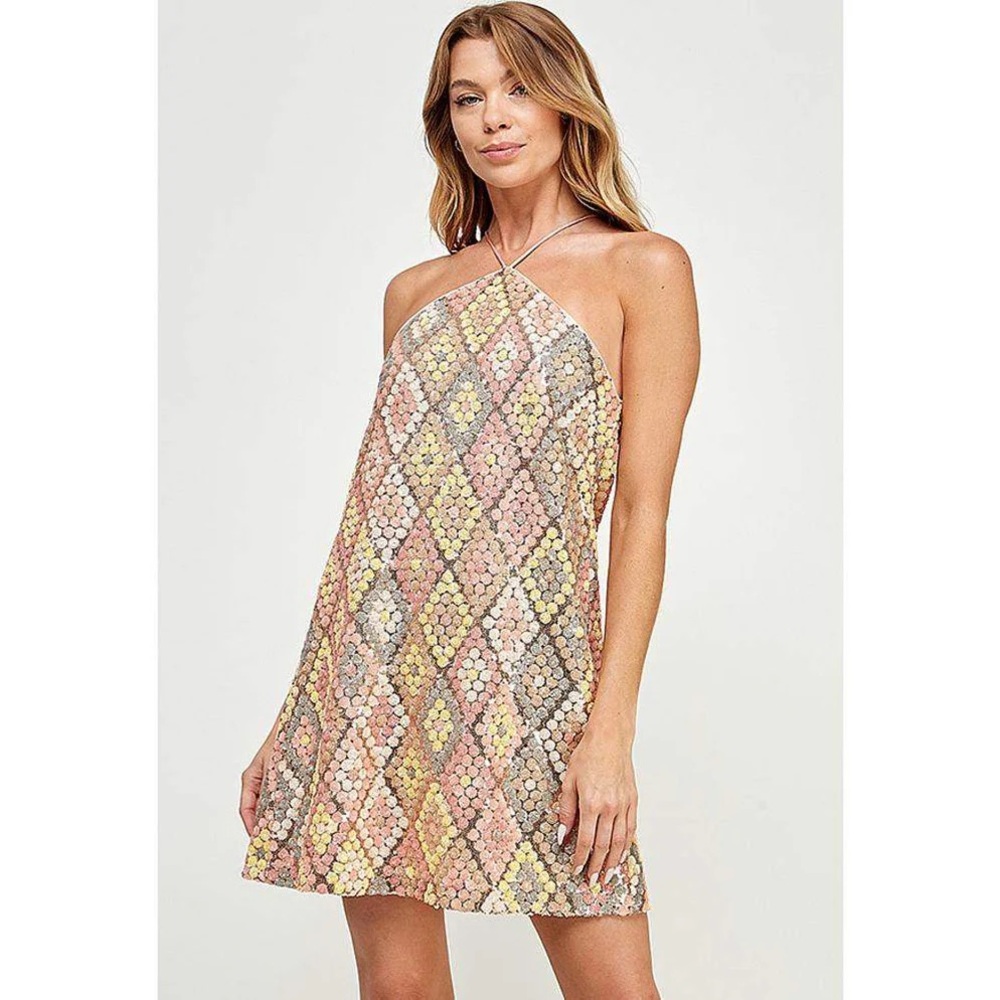 NWT See and Be Seen Sequin Mini Halter Neck Dress